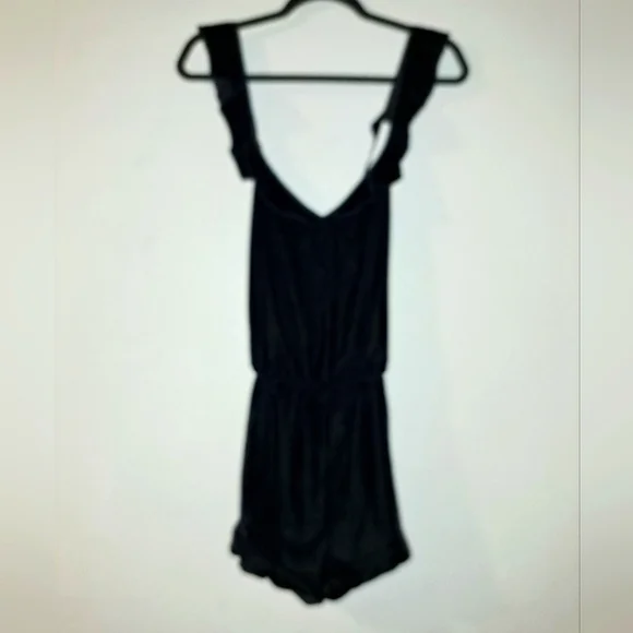 Victoria Secret Velvet V Neck Romper Ruffle Trim Black Relaxed Fit Size Medium - Picture 2 of 8